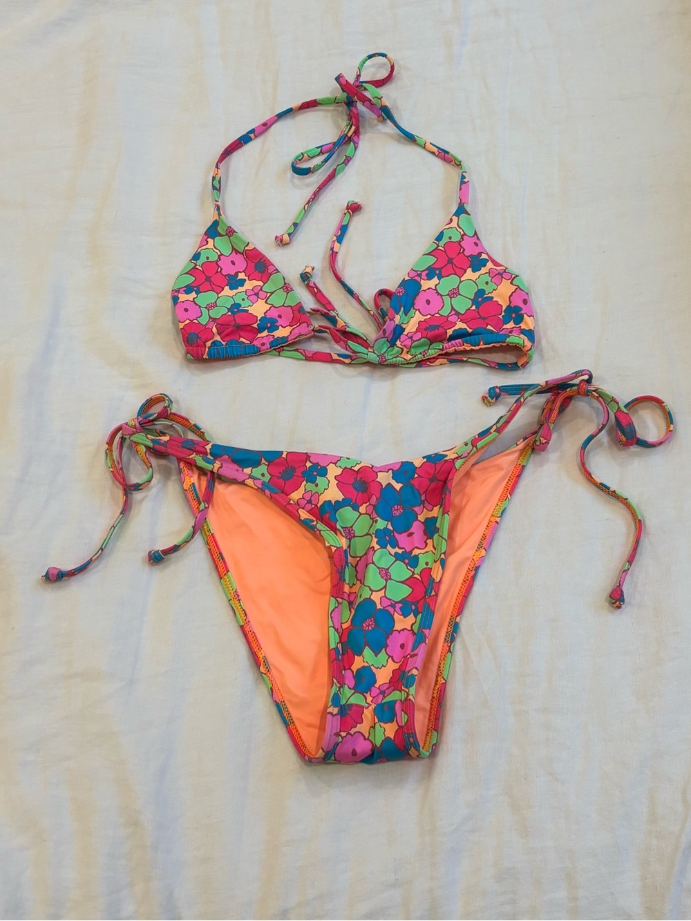Frankie’s Bikinis Neon Hawaiian Floral Tie-Side Bikini - Pink & Green